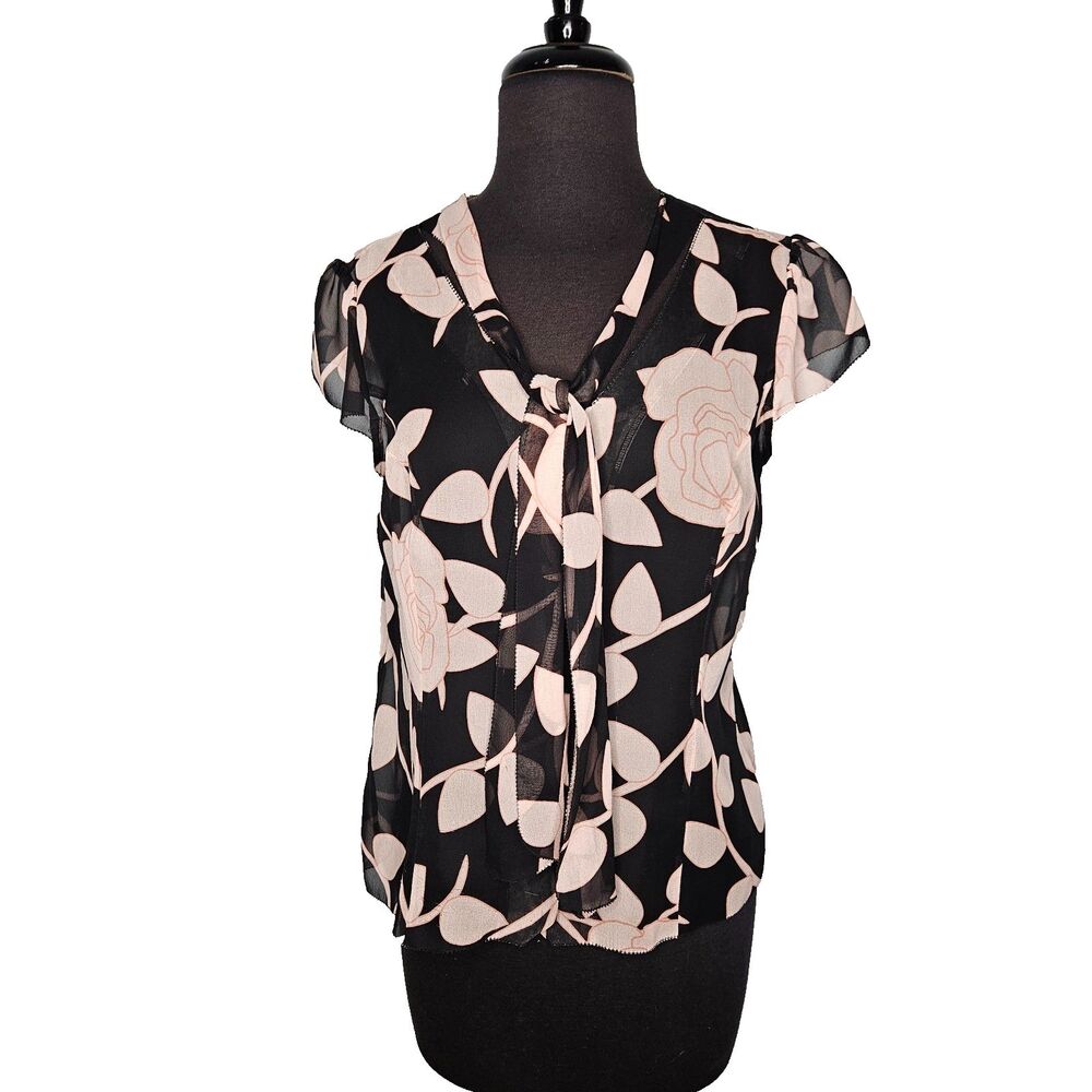 APOSTROPHE Silk Floral Blouse 10 Petite Button Up Secretary Bow Sheer Feminine